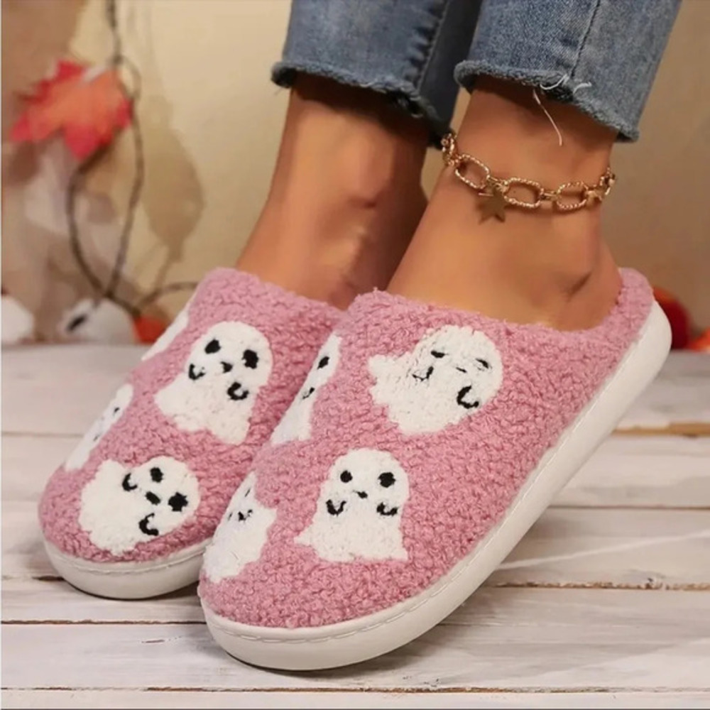 Pink Ghost Plush House Slippers Cozy Fuzzy Halloween Slip-On NWT